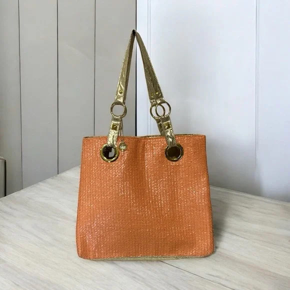 Big Buddha Tote Bag Coral Textured Pattern Gold Trim - Picture 15 of 15